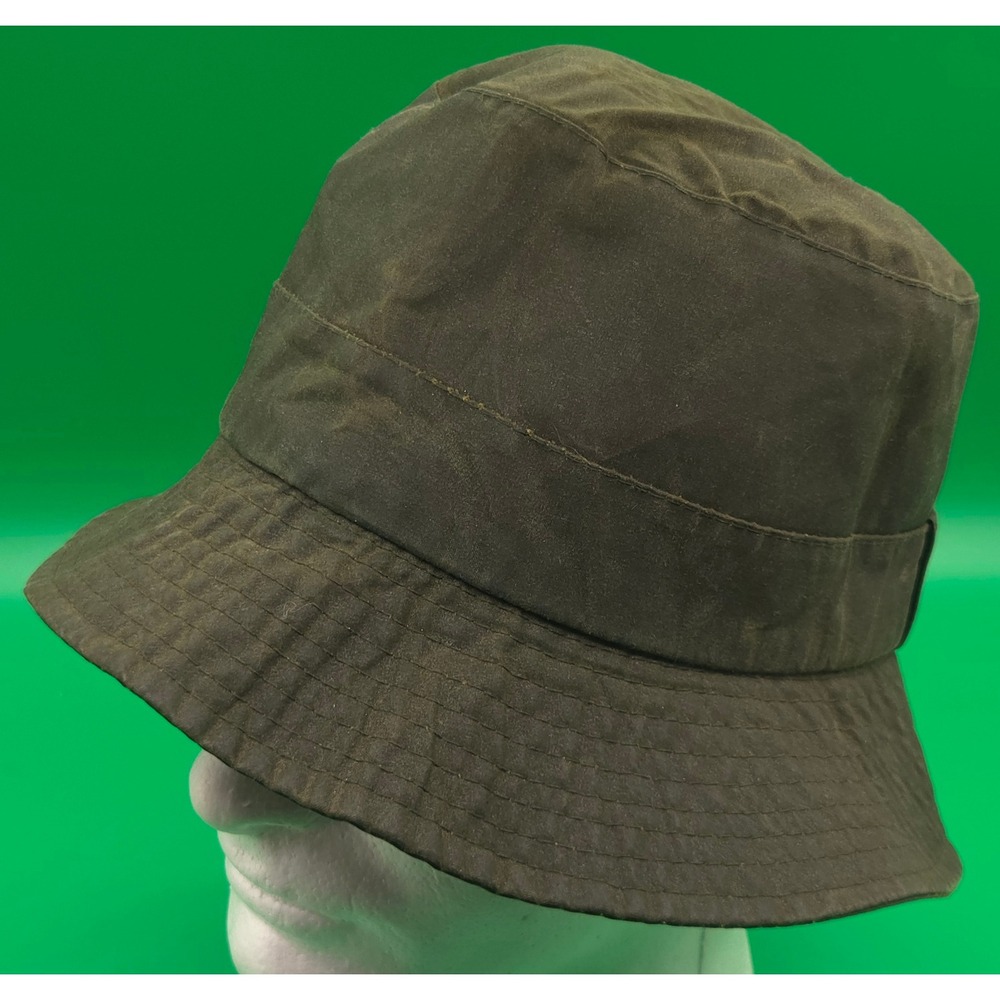 Barbour Waxed Cotton Bucket Hat Olive Green Tartan Lining Made in England XL